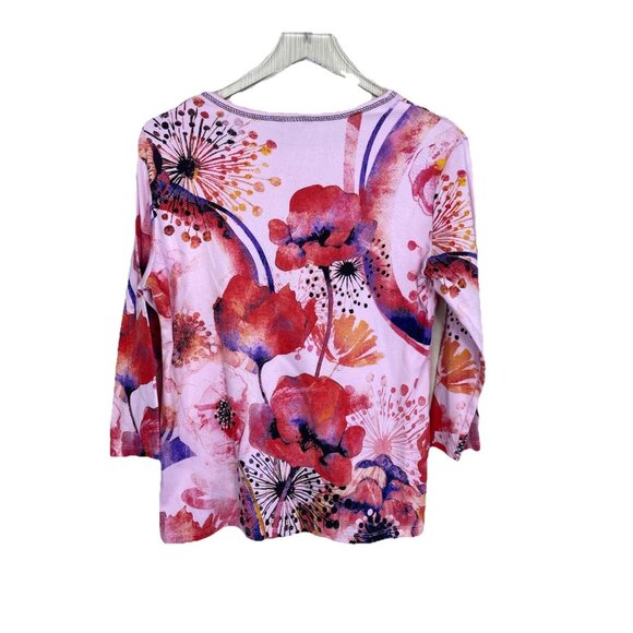 Jess And Jane Size XL Colorful Pink Purple Floral Print Cotton Top 3/4 Sleeves - Picture 6 of 7